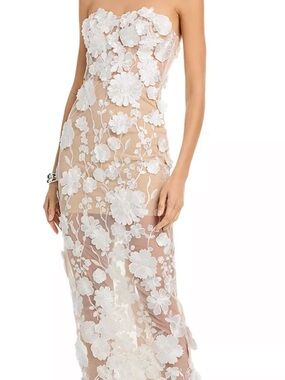 Aqua Strapless Nude Gown with White Floral Appliqués